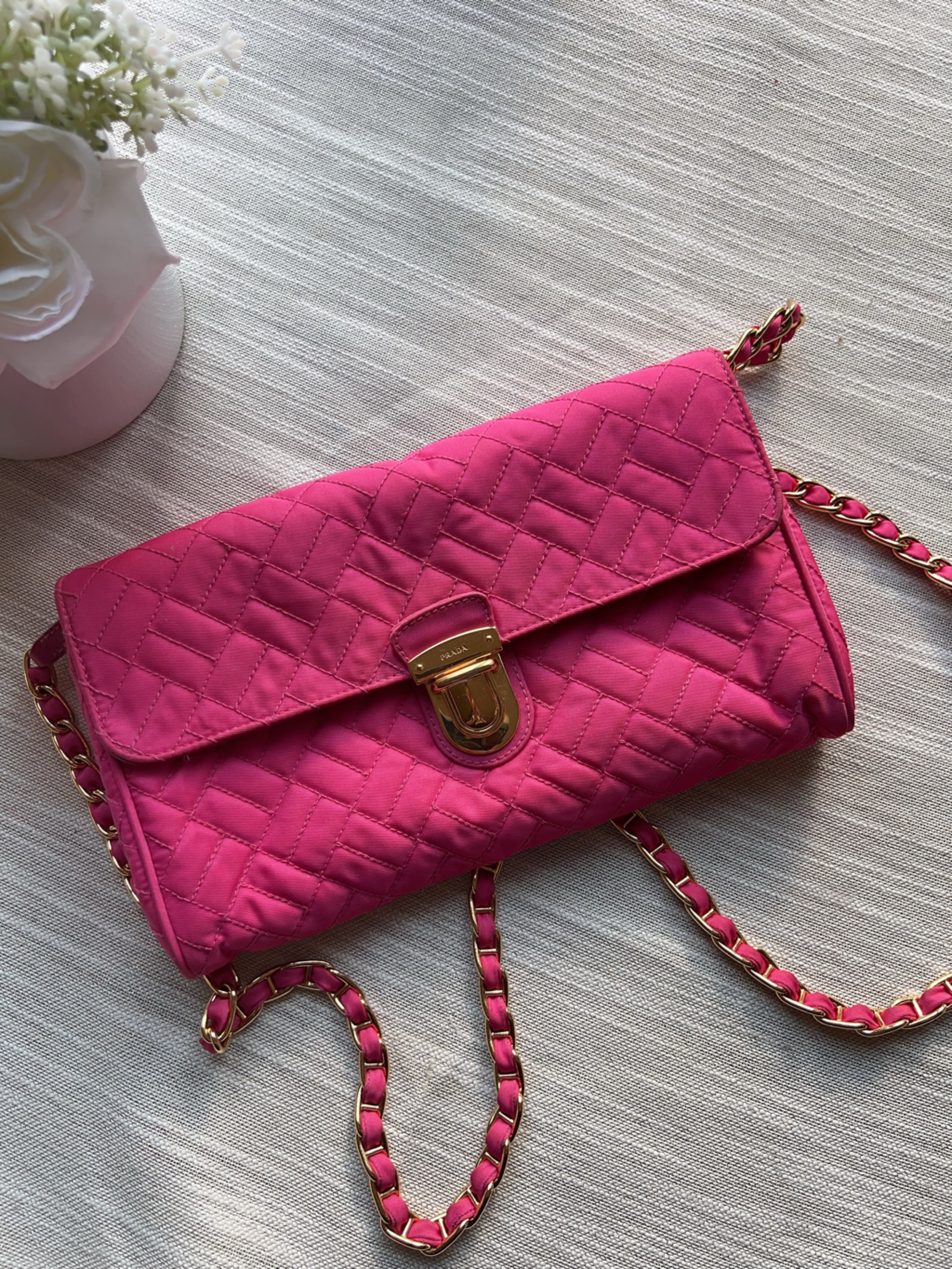 Prada Chain Shoulder Bag Nylon Pink Gold